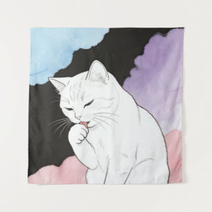 Katze putzt ihre Pfote Wandteppich