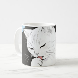 Katze reinigt ihre Pfote Kaffeetasse