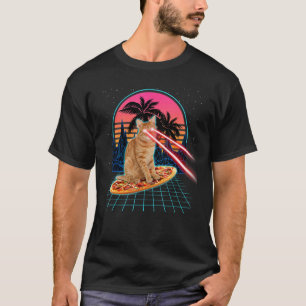 Katze Reitende Pizza Laser Augen 80er Katze Im Wel T-Shirt