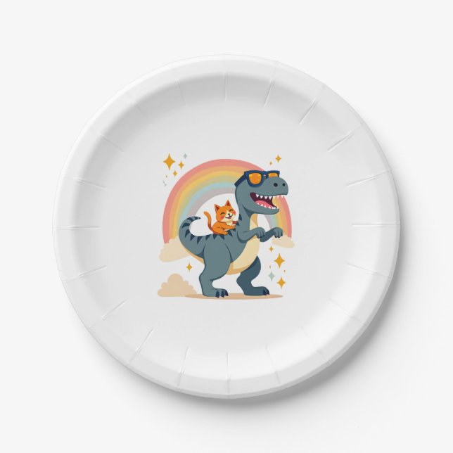 Katze reitet auf Dinosaurier T-Rex Kätzchen Regenb Pappteller (Vorderseite)