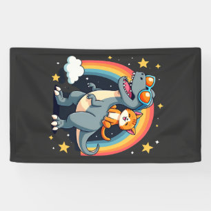 Katze Reitet Dinosaurier T-Rex Kätzchen Regenbogen Banner