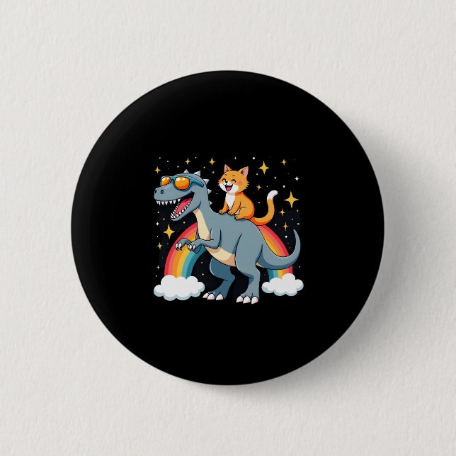Katze Reitet Dinosaurier T-Rex Kätzchen Regenbogen Button (Vorderseite)