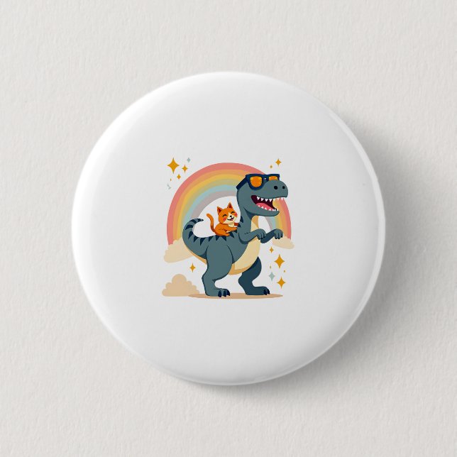 Katze Reitet Dinosaurier T-Rex Kätzchen Regenbogen Button (Vorderseite)