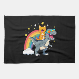 Katze reitet Dinosaurier T-Rex Kätzchen Regenbogen Geschirrtuch