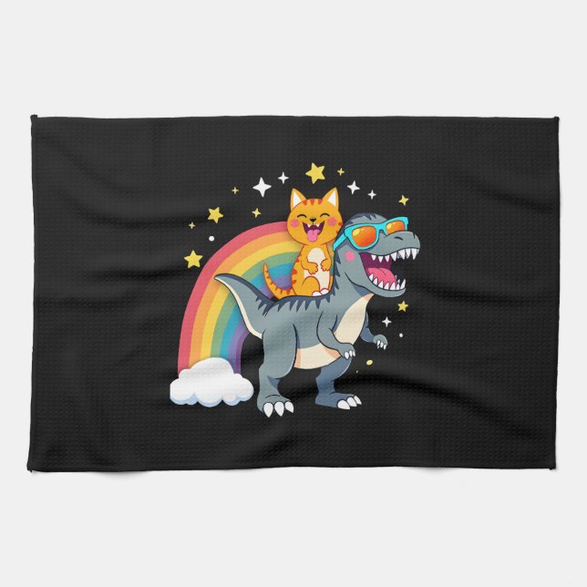 Katze reitet Dinosaurier T-Rex Kätzchen Regenbogen Geschirrtuch (Horizontal)