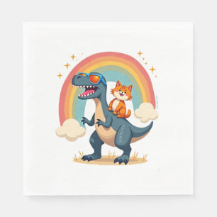 Katze Reitet Dinosaurier T-Rex Kätzchen Regenbogen Serviette