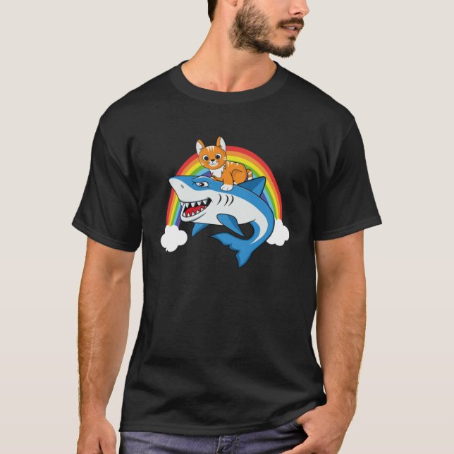 Katze reitet Hai mit Regenbogen für Katzenmutter K T-Shirt (Vorderseite)