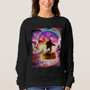 Katze reitet Wolf mit Pfannkuchen und Milchshake Sweatshirt