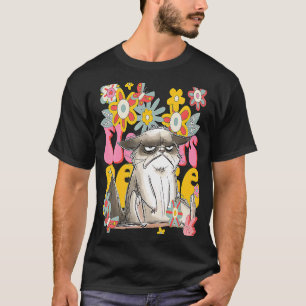 Katze Retro 60er 70er Jahre Vibe Blumen Friedensze T-Shirt
