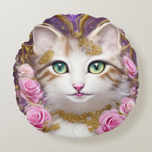 Katze Rosa Gold Rosen Malerei Rundes Kissen