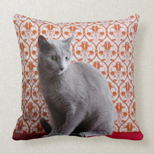 Katze (russisches Blau) und Tapetenhintergrund Kissen