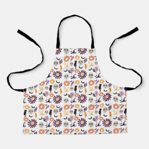 Katze, Schädel, Fledermäuse und Blume Halloween-Mu Schürze