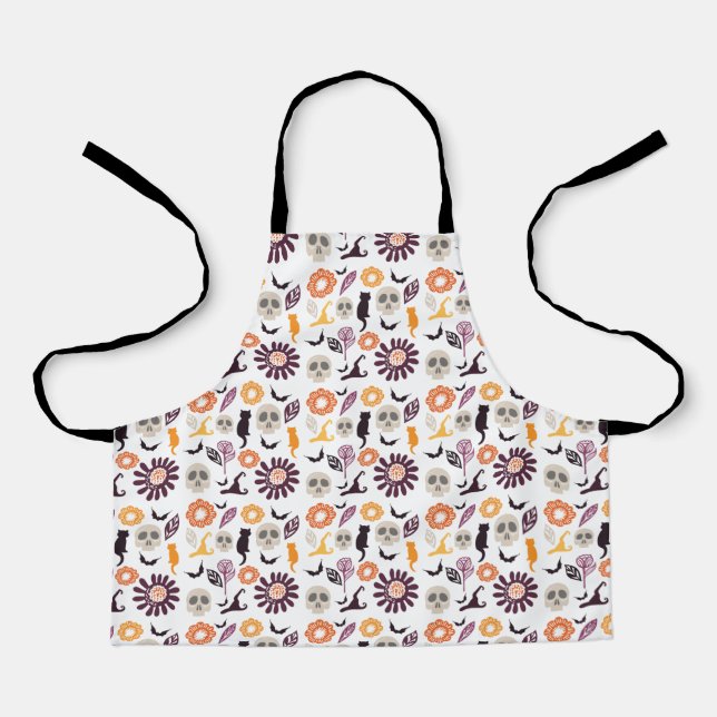 Katze, Schädel, Fledermäuse und Blume Halloween-Mu Schürze (Vorderseite)