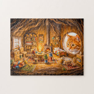 Katze schaut in gemütliches Mäuseheim