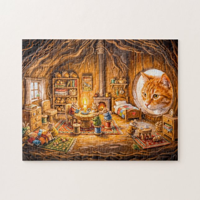 Katze schaut in gemütliches Mäuseheim (Horizontal)