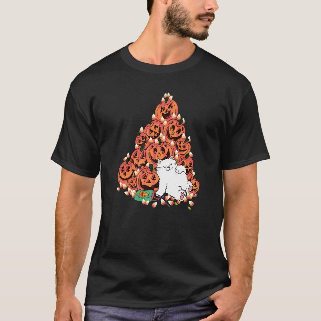 Katze Schlafen neben Beängstigendem Kürbiskandsche T-Shirt (Vorderseite)