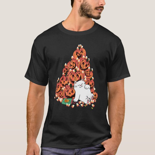 Katze Schlafen neben Beängstigendem Kürbiskandsche T-Shirt (Vorderseite)