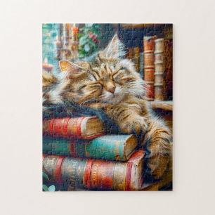 Katze schläft auf einem Bücherstapel
