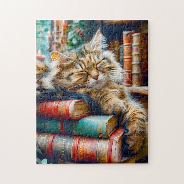 Katze schläft auf einem Bücherstapel (Vertikal)