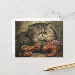 Katze schläft mit Hummer und Fisch Postkarte
