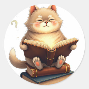 Katze schwebt im Weltraum, liest Buch Kosmische Ko Runder Aufkleber
