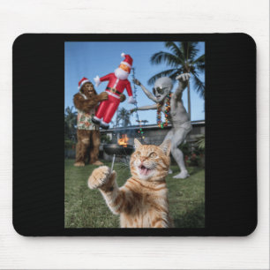 Katze Selfie mit Alien und Bigfoot Weihnachten im Mousepad