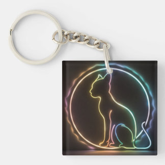 Katze Silhouette Neonfarben schwarzer Hintergrund Schlüsselanhänger