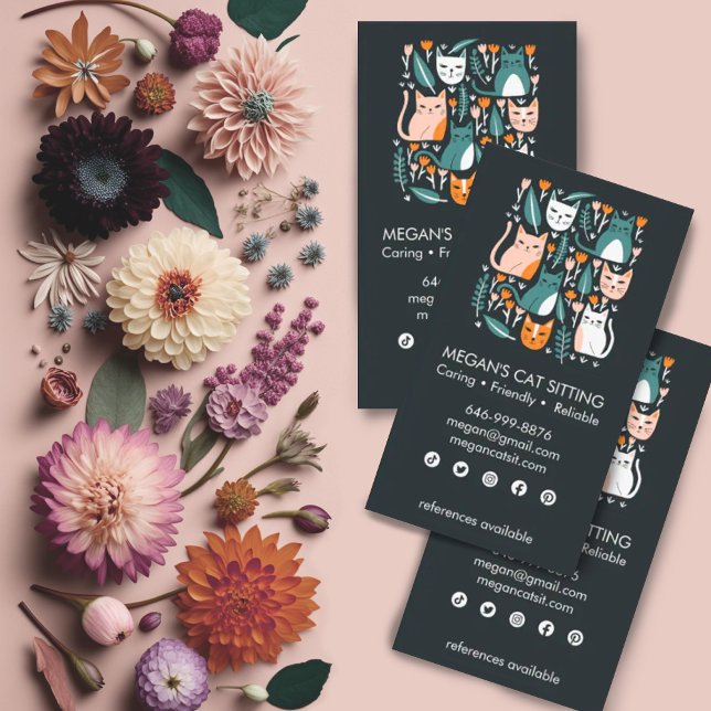 Katze Sitter Niedlich farbige Kätzchen Katzen Tier Visitenkarte (Cute cats custom business cards. Single sided with social media icons. Customize to suit your needs)