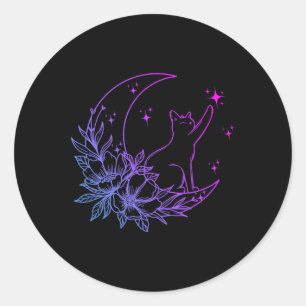 Katze sitzend auf Blume des Mondes Crescent Stars Runder Aufkleber