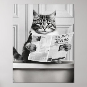 Katze sitzt auf der Toilette, Katze liest Nachrich Poster