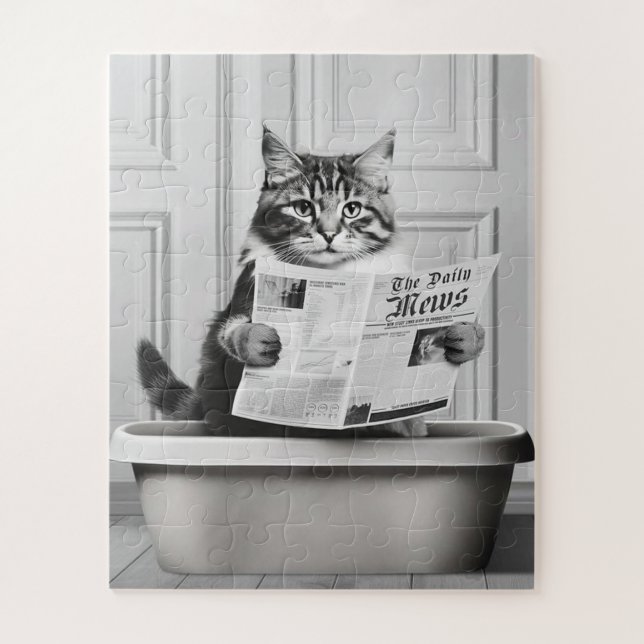 Katze sitzt auf der Toilette und liest eine Nachri (Vertikal)