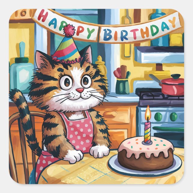 Katze sitzt vor dem Kuchen am Tisch Quadratischer Aufkleber (Vorderseite)