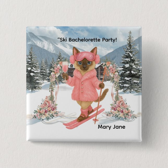 Katze Ski in Pink Outfit Junggeselinnen-Abschied Button (Vorderseite)