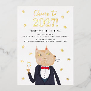 Katze Smoking Silvester 2026 Folien-Party-Einladun Folien Feiertagskarte