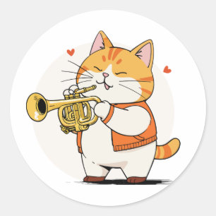 Katze spielt die Trompete Runder Aufkleber