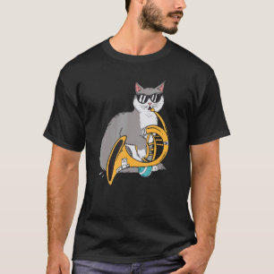 Katze spielt französisches Horn spielt Musik schwa T-Shirt