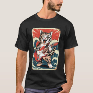 Katze spielt Gitarre Männer Frauen Distressed Rock T-Shirt