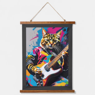 Katze spielt Gitarre, Rock Graffiti Wandteppich Mit Holzrahmen