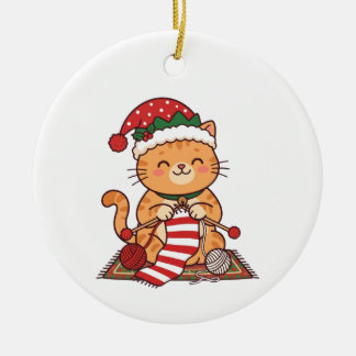 Katze strickt Schal Weihnachtsbaumschmuck Geschenk Keramik Ornament
