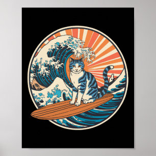 Katze surft lustig auf einem Surfbrett Poster