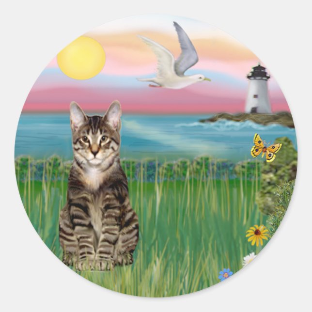Katze (Tabby) - Leuchtturm Runder Aufkleber (Vorderseite)