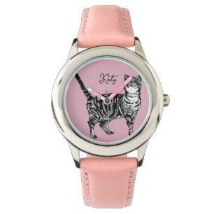 Katze Tabby Pastell Katzen Mädchen Rosa Pink Haust Armbanduhr