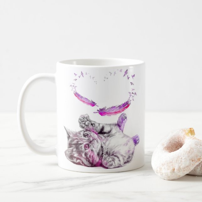 Katze Tasse Herz Feder (Mit Donut)