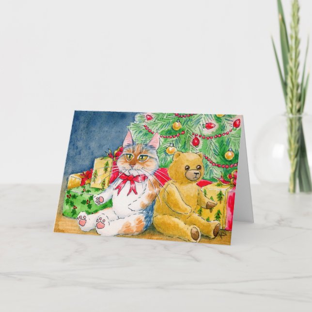 Katze, Teddybär, Weihnachtsbaumkarte Feiertagskarte (Vorderseite)