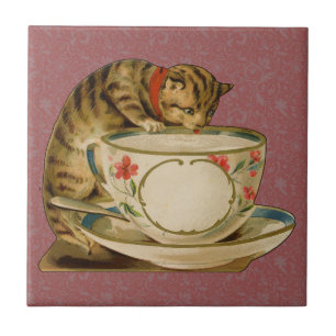 Katze Teetasse Süß Vintage Viktorianisch Haustier Fliese