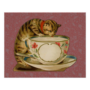 Katze Teetasse Süß Vintage Viktorianisch Haustier Poster