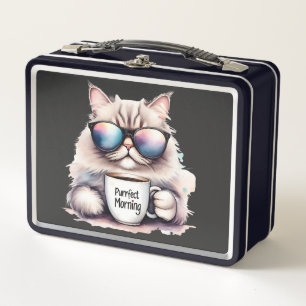 Katze trägt eine Sonnenbrille und hält eine Kaffee Metall Brotdose