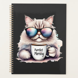 Katze trägt eine Sonnenbrille und hält eine Kaffee Planer