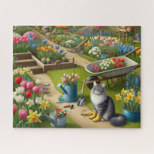 Katze trägt Gartenstiefel floral