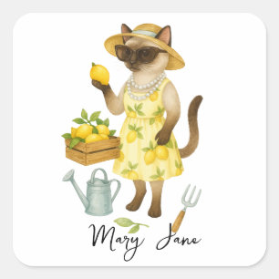 Katze trägt gelbe Zitrone Quadratischer Aufkleber